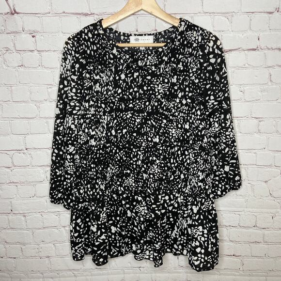 Fever Black White Dot Print Smocked Ruffled 3/4 Sleeve Top Women Medium New Mono - Picture 8 of 9